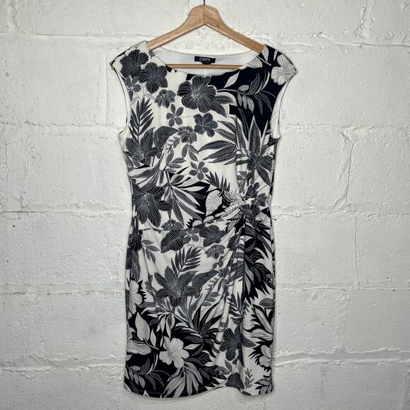 Chaps Women's Sleeveless Twist Knot Dress Petite Large Black White Floral Career - Picture 1 of 7